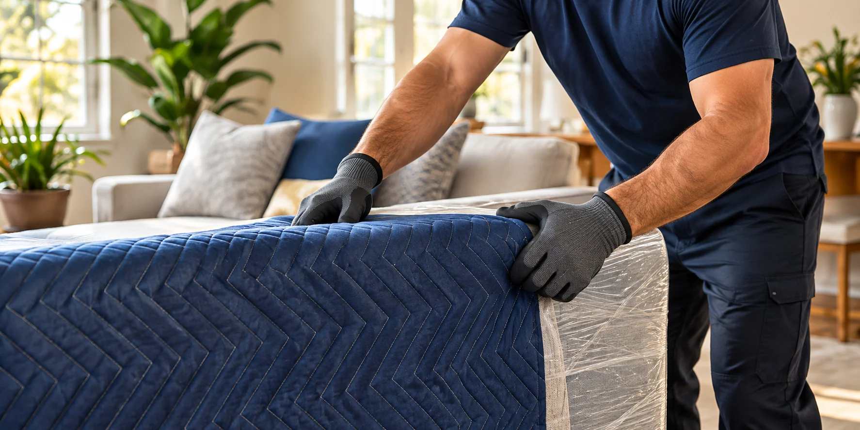 Illustration of furniture protected with a quilted moving blanket.