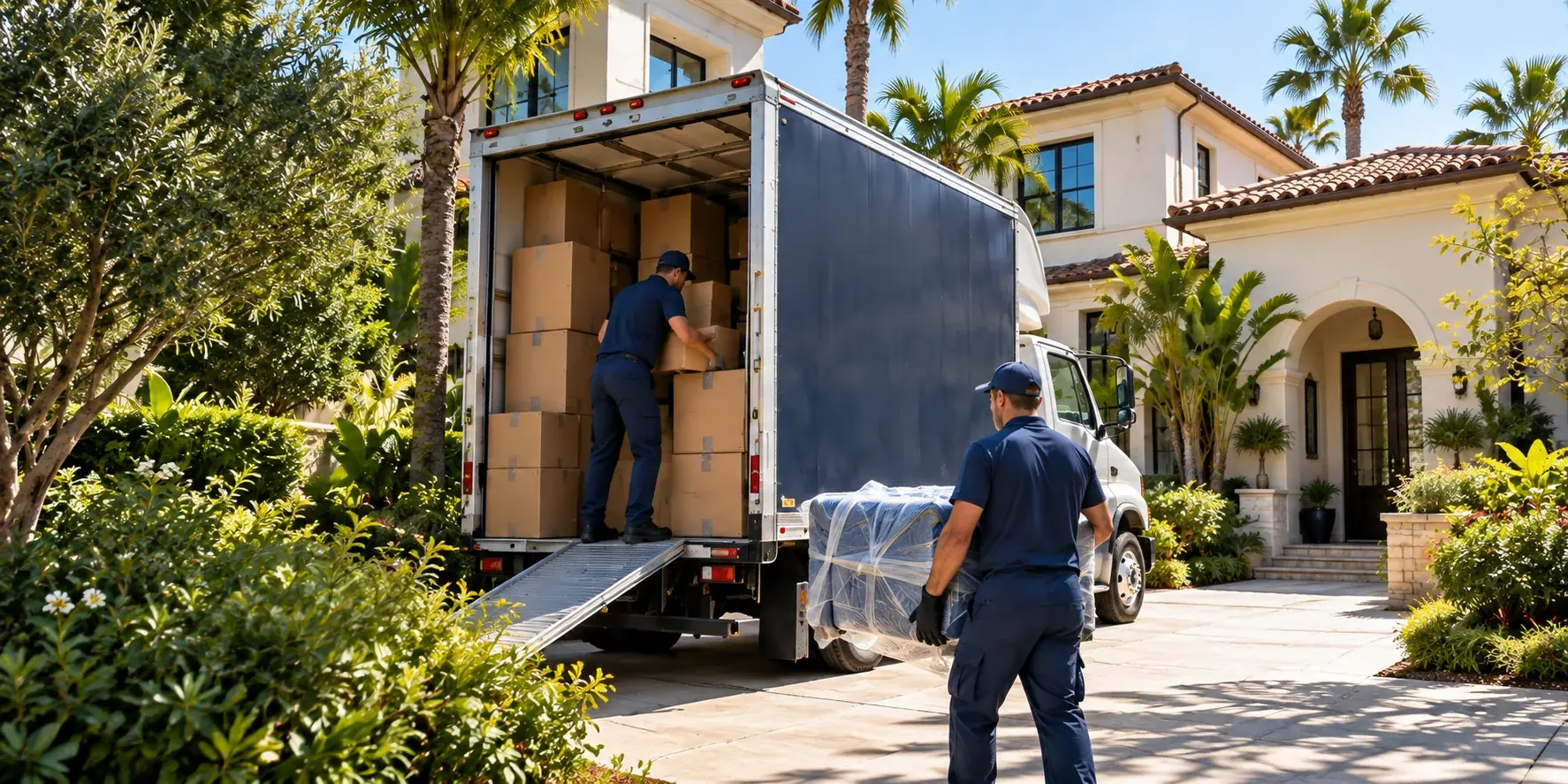 Illustration of a moving truck outside a palm-lined home; not company photography.