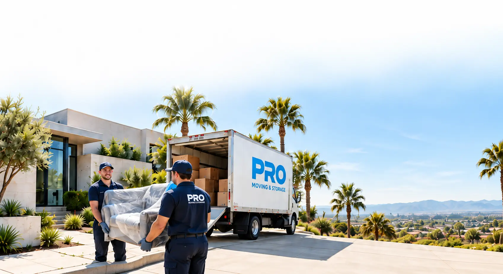Illustration of movers carrying a wrapped chair beside a moving truck; not company photography.