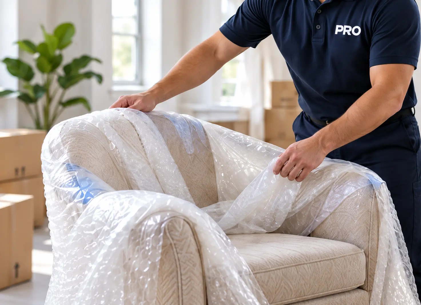 Illustration of an armchair being wrapped for a move.